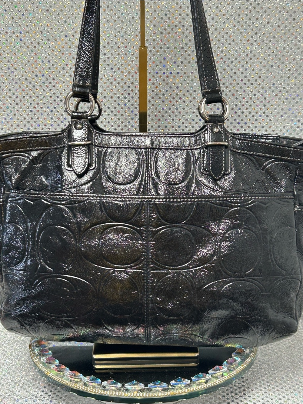 COACH Gallery Black Patent Leather Signature Tote Approx. 15.5 x 10 x 4.5 - Picture 3 of 17